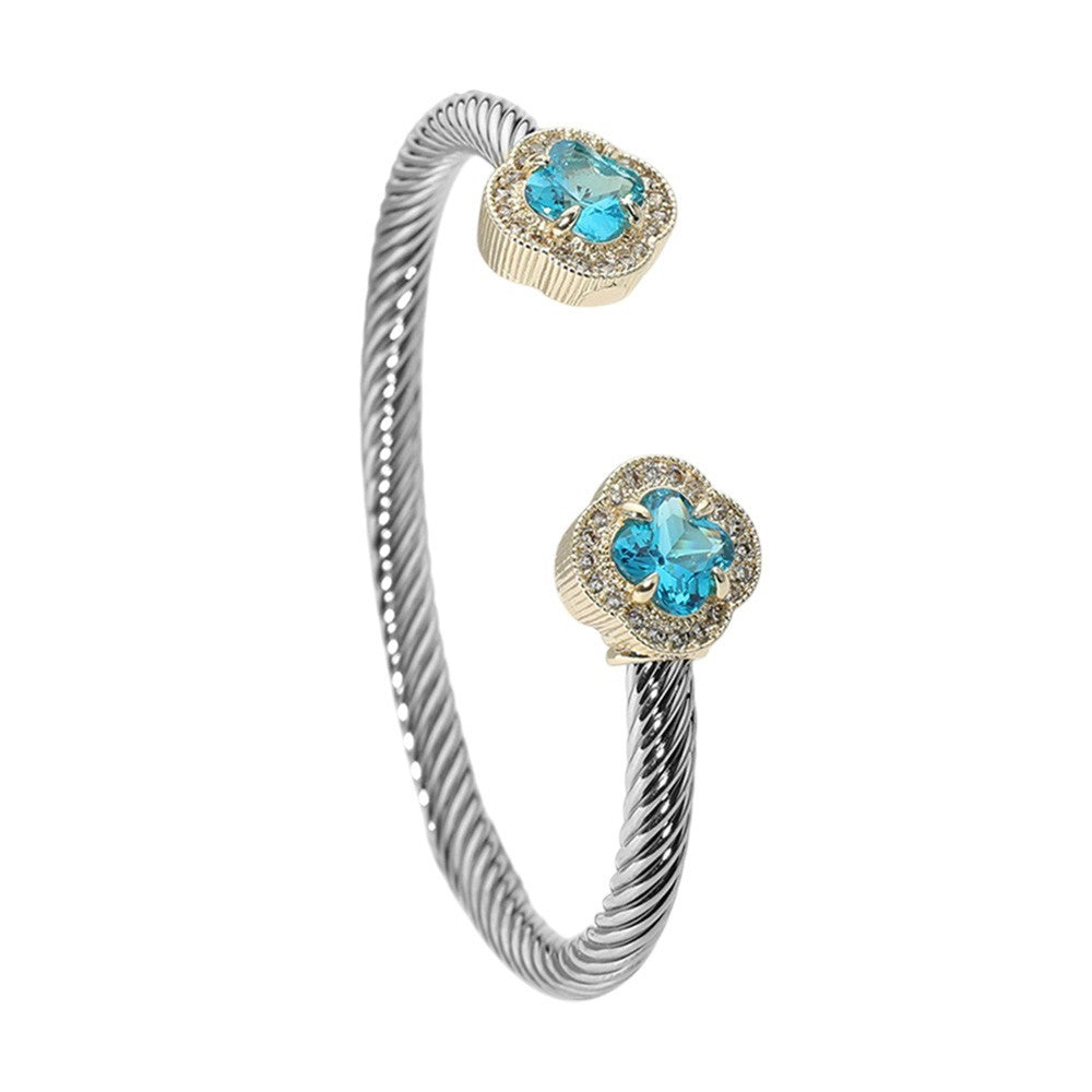 2pcs Two-Tone Cable Cuff Bangle Blue CZ Clover Ends Stackable Set Unisex