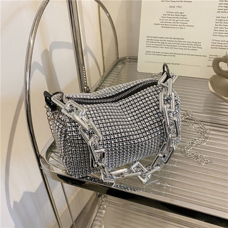 Silver Tone Rhinestone Evening Bag Crystal Clutch Thick Chain Shoulder Handbag