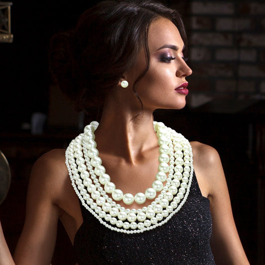 Multi-Layer Ivory Faux Pearl Statement Necklace & Earrings Set 21.5in