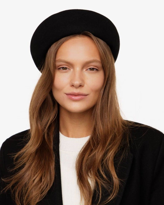 Vintage Wool Felt Pillbox Beret Hat French Style Satin Lined Black Winter Cap