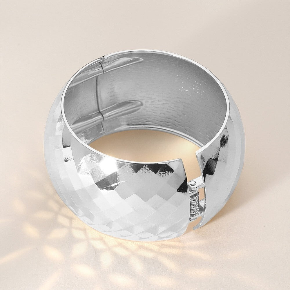 Chunky Silver Textured Metal Wide Hinged Bangle Bracelet Statement Jewelry