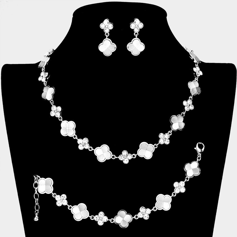 Set of 3 Pieces Silver Stone Embellished Quatrefoil Link Necklace Jewelry Set