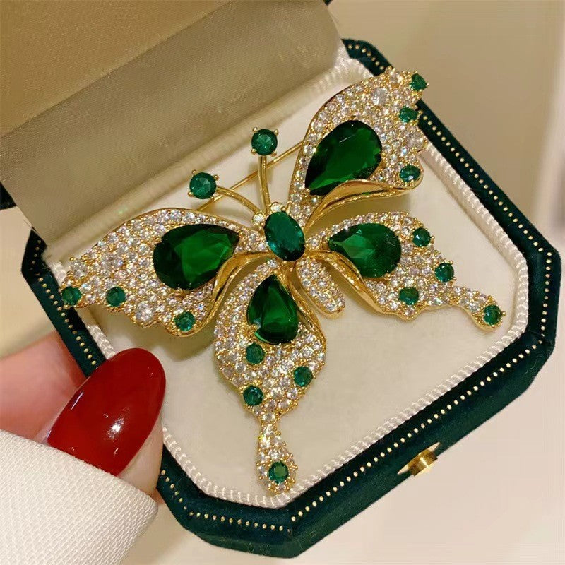 Retro Green Emerald Crystal Butterfly Brooch for Women Girls Elegant Pin