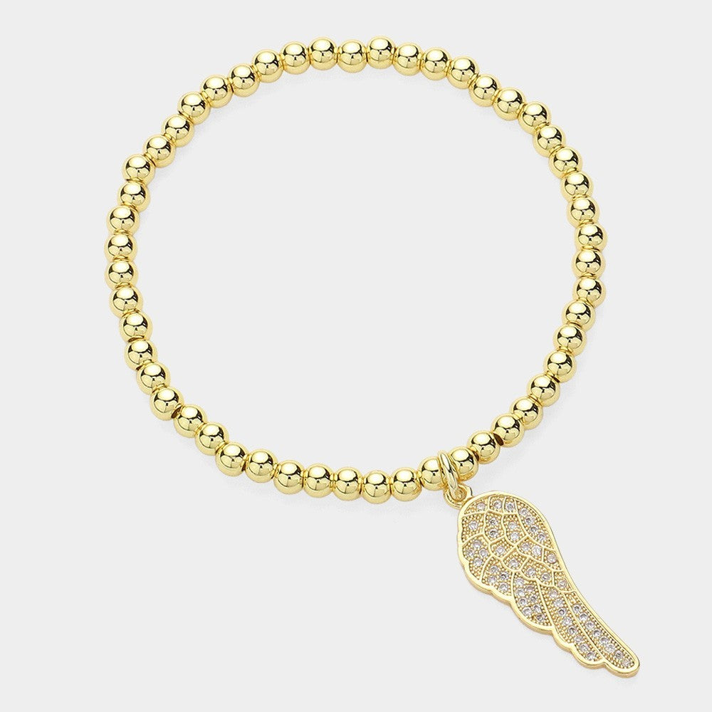 2 Pcs Women's Ball Bead Stretch Bracelet Stone Paved Wing Charm Stainless Steel