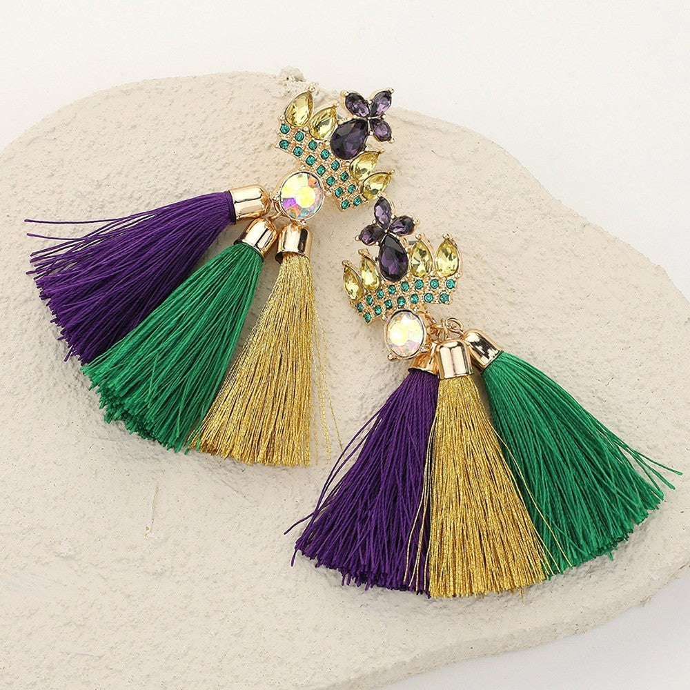 Mardi Gras Tassel Earrings  for Women Purple Green Gold Rhinestone Jewelry