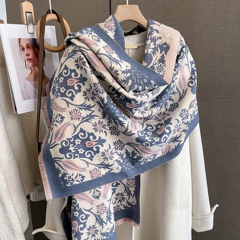 Floral Turkish Tulip Pashmina Scarf Blue Pink Cream Wrap Cashmere Feel