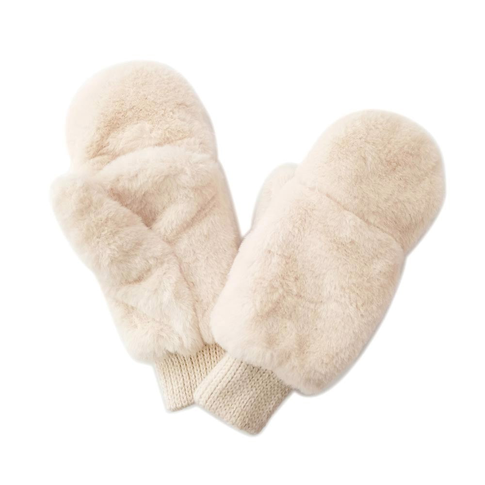 Ultra Soft Ivory Faux Fur Winter Mittens Cozy Plush Cold Weather Gloves