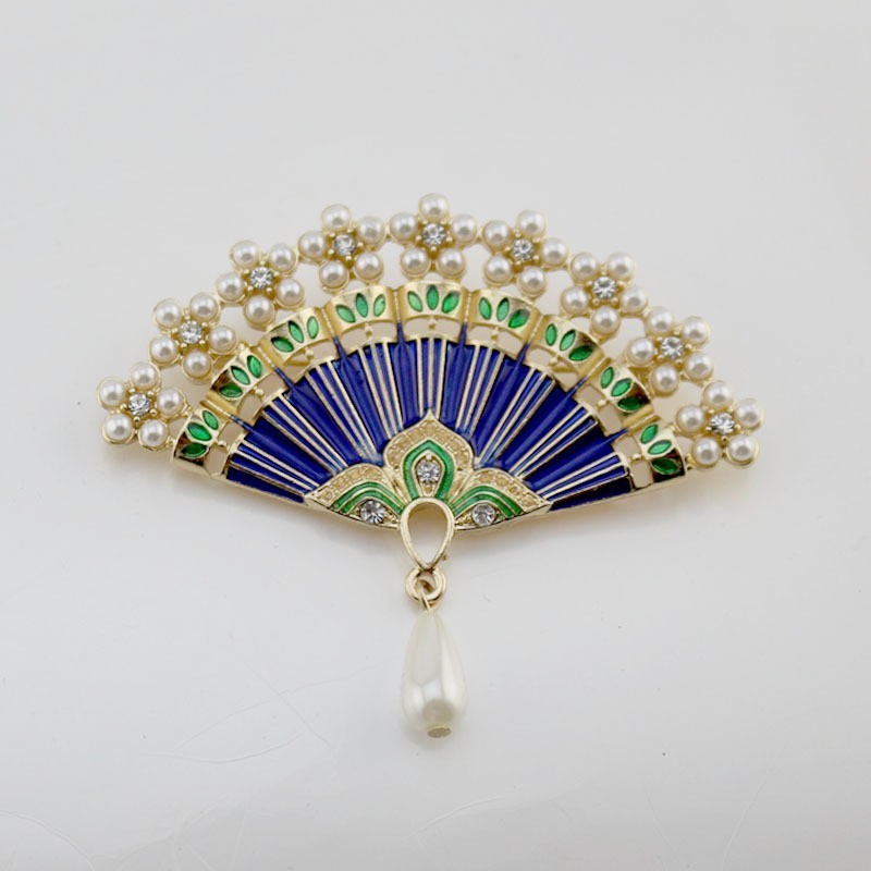 2pcs Folding Fan Brooch Pin Pearl Rhinestone Vintage Enamel Jewelry Set