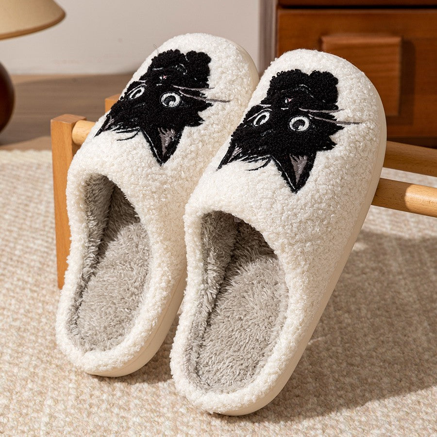 White Fuzzy Cat Slippers Indoor Shoes Black Cat Face Embroidery Soft Plush Linin