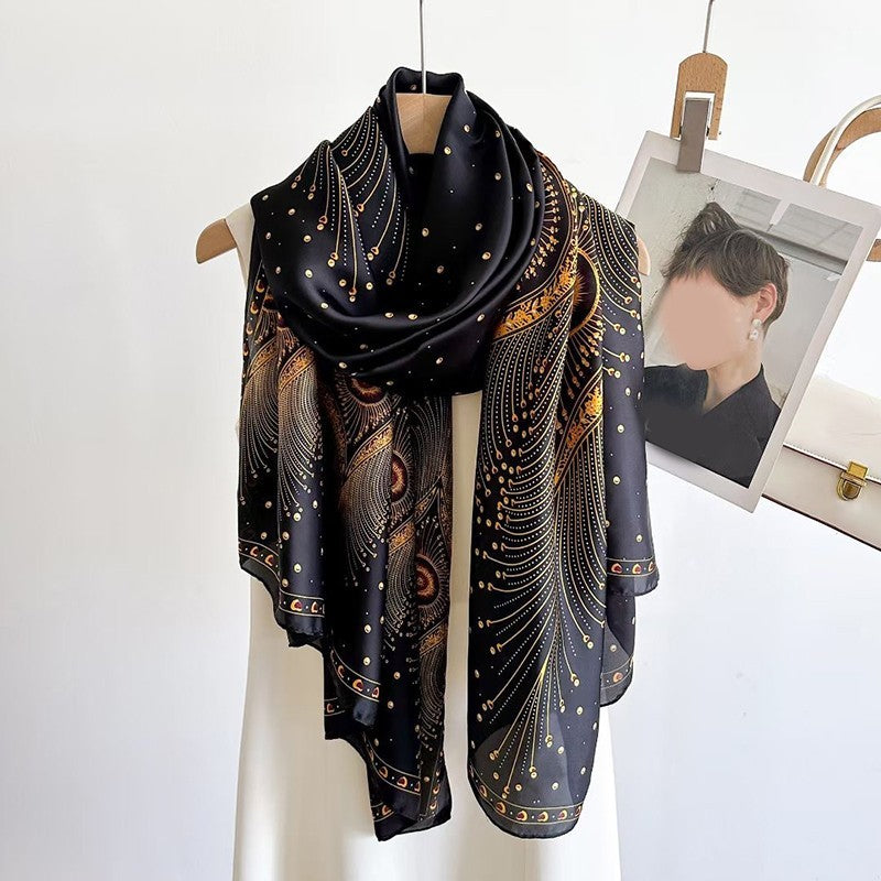 NEW Black Gold Peacock Feather Scarf Shawl Wrap 70in x 35in Silk Feel