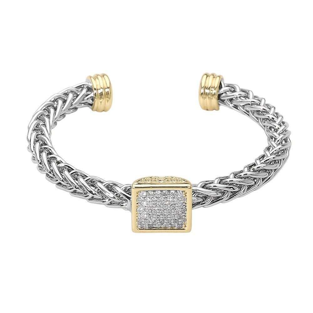 Two Tone 14K Gold Plated CZ Stone Pave Square Accent Braided Chain Cuff Bracelet