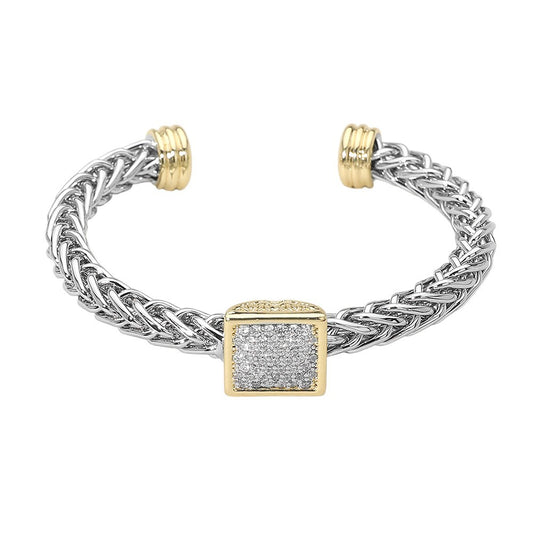 Two Tone 14K Gold Plated CZ Stone Pave Square Accent Braided Chain Cuff Bracelet