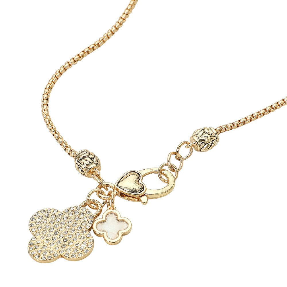 Gold Charm Necklace Heart Clasp Rhinestone Clover Enamel Pendant Gift Jewelry