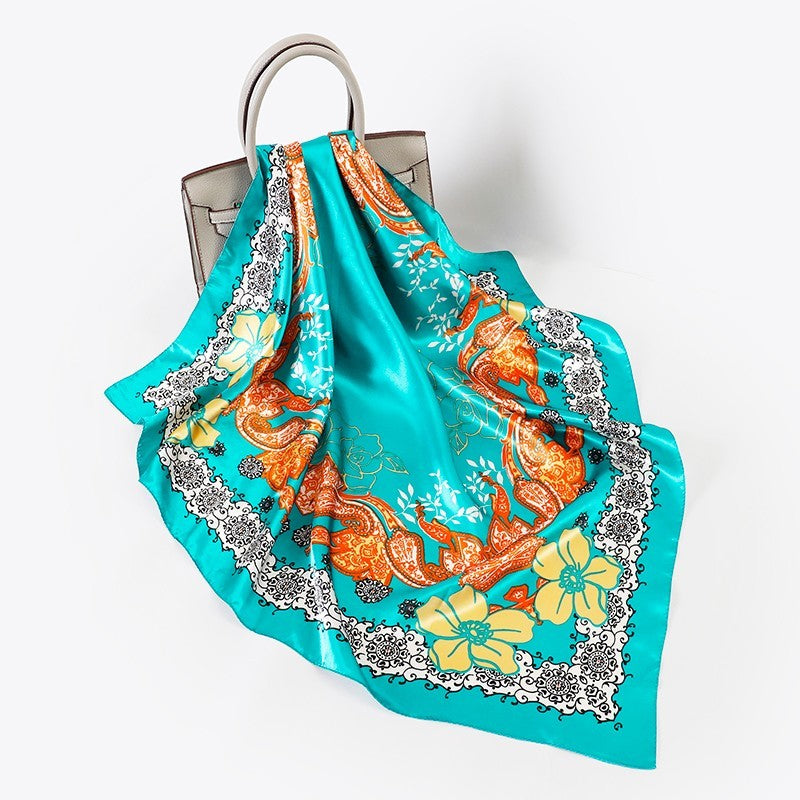 Women's Teal Orange Paisley Floral Satin Square Scarf Head Neck Wrap Bandana