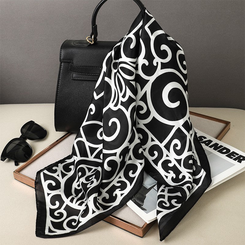 Women's Satin Silk Scarf Black White Square Head Wrap Bandana Hair Neck Scarves