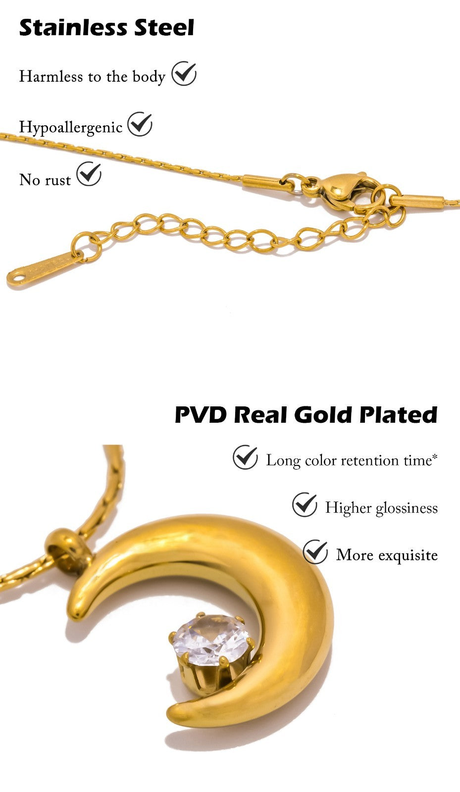 Gold  Tone Moon Pendant Necklace Women Zircon Stone Stainless Steel Jewelry