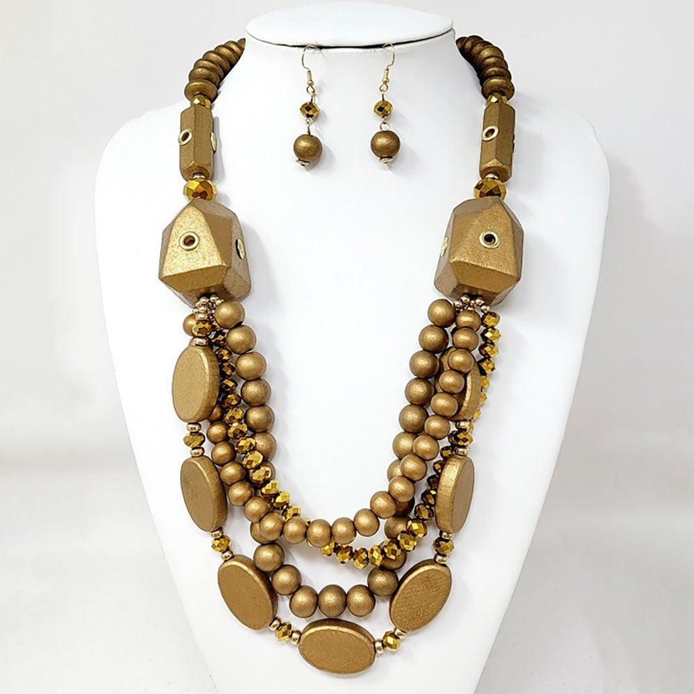 Bold Multi Layered Wood Beaded Statement Necklace Women’s Fashion Jewelry Gift