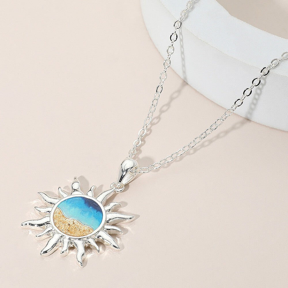Enamel Burning Sun Pendant Necklace in Silver Tone for Women