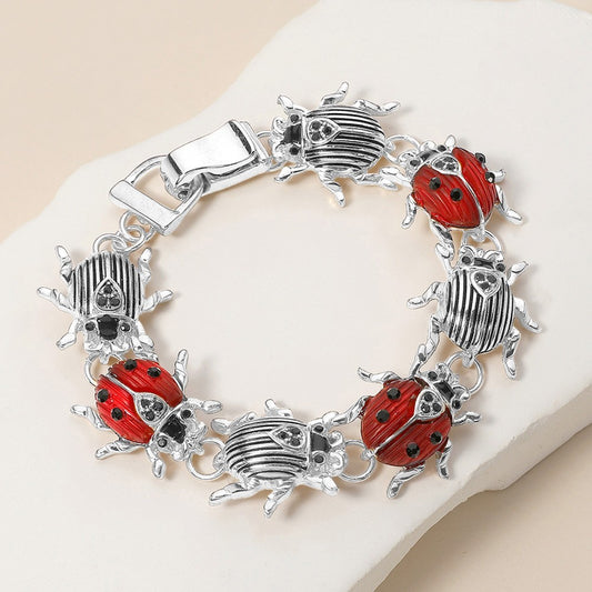 Ladybug Magnetic Bracelet Silver Tone Enamel Link Charm Bug Jewelry for Women