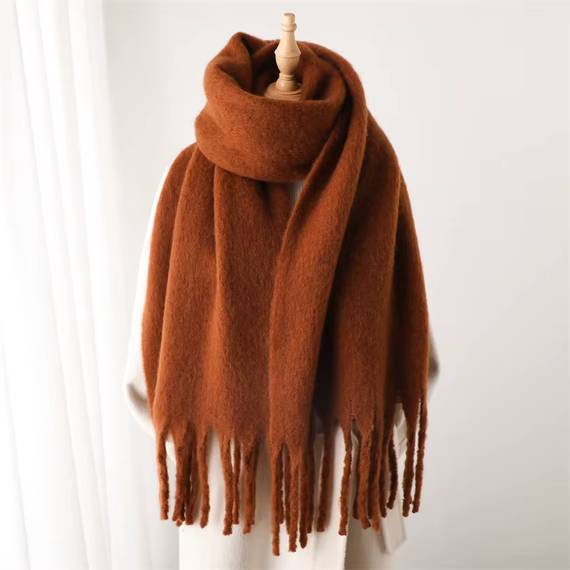 2-Piece Set: Chunky Knit Scarf Duo Black & Brown Fuzzy Fringed Wraps for Winter