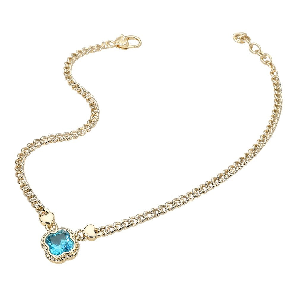 Aqua Clover Crystal Heart Charm Necklace - Gold Tone Fashion Jewelry
