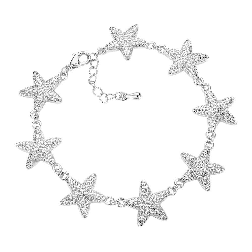 Textured Metal Starfish Link Bracelet Summer Beach Ocean Nautical Jewelry