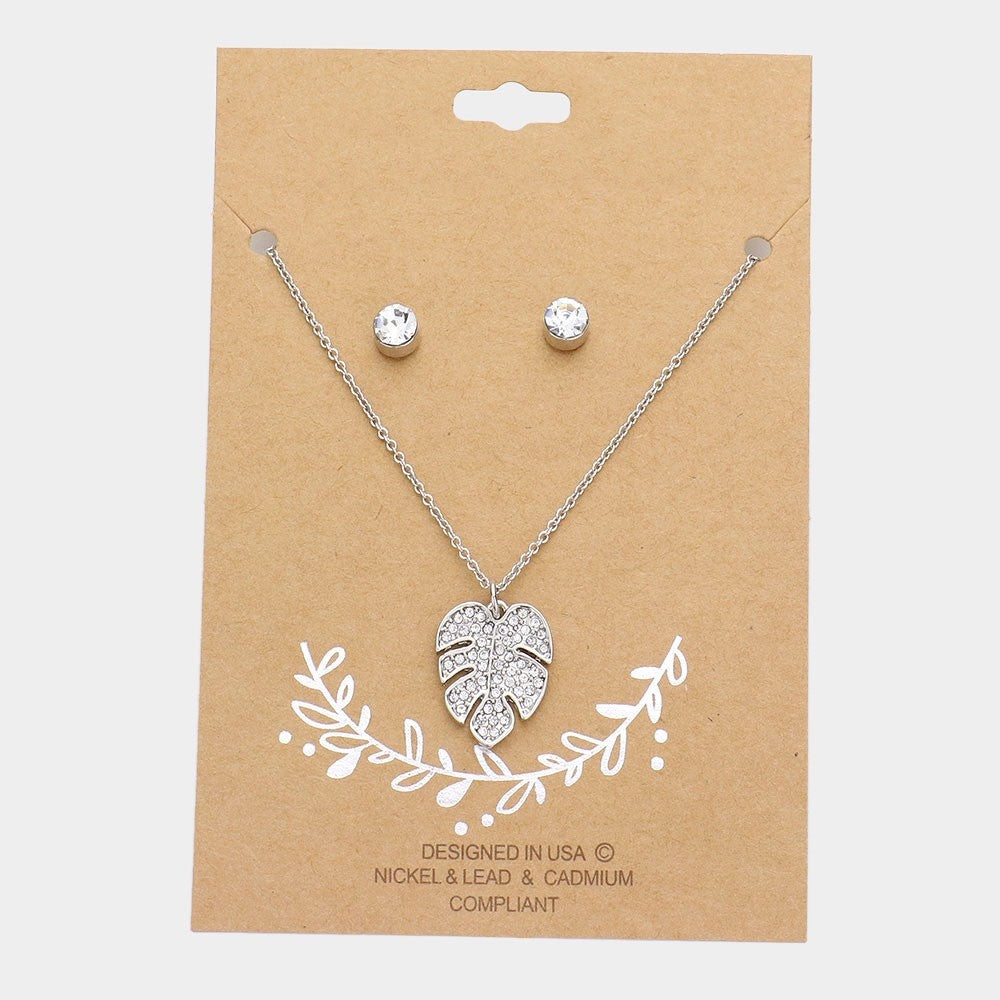 Silver Monstera Leaf Pendant Necklace - Tropical Pave Crystal Botanical Jewelry