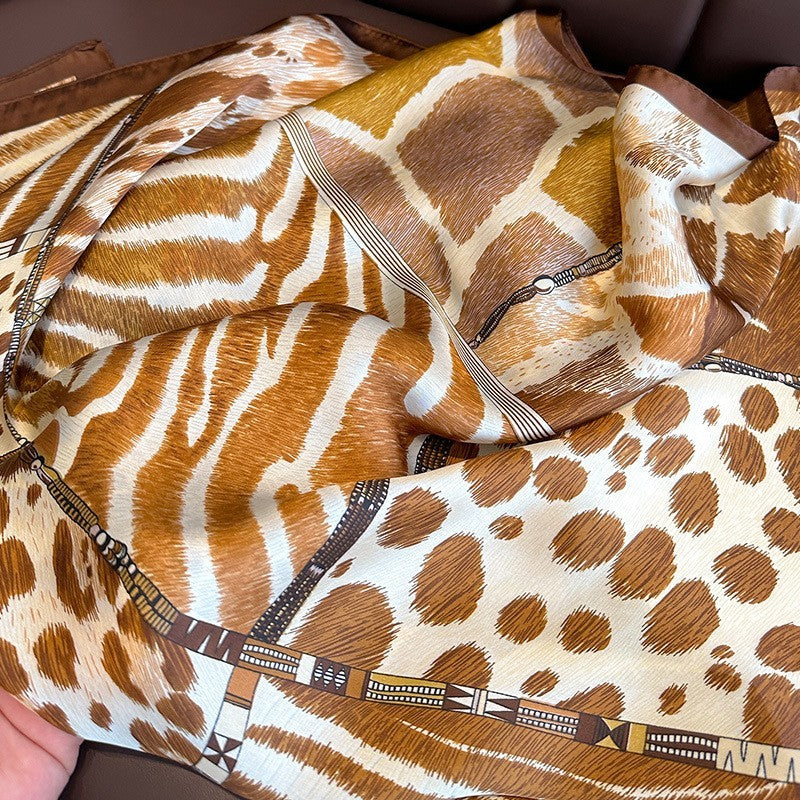 Women’s Square Scarf Silk Feel Brown Giraffe Print Trendy Fashion Wrap 27X27 In