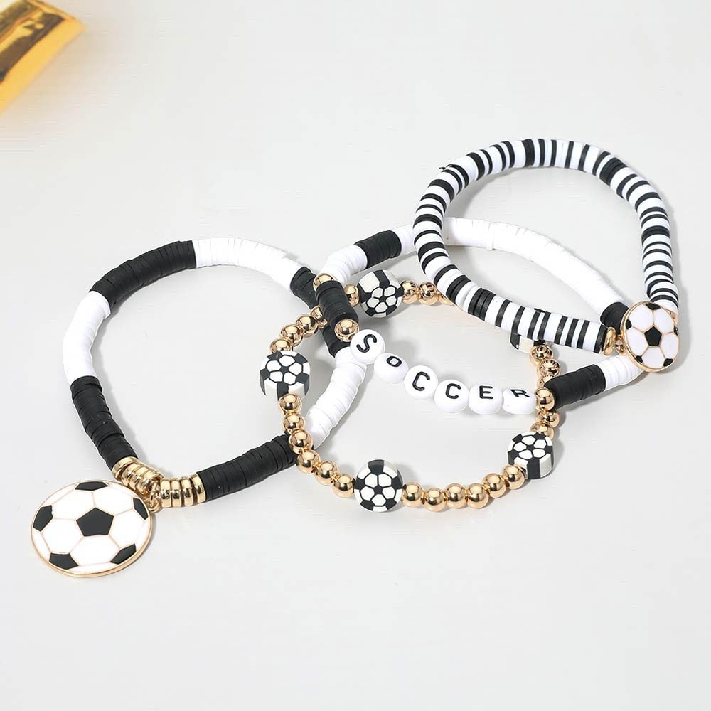 4pcs Soccer Bracelet Set Heishi Polymer Clay Gold Beaded Ball Charm Sports Gift
