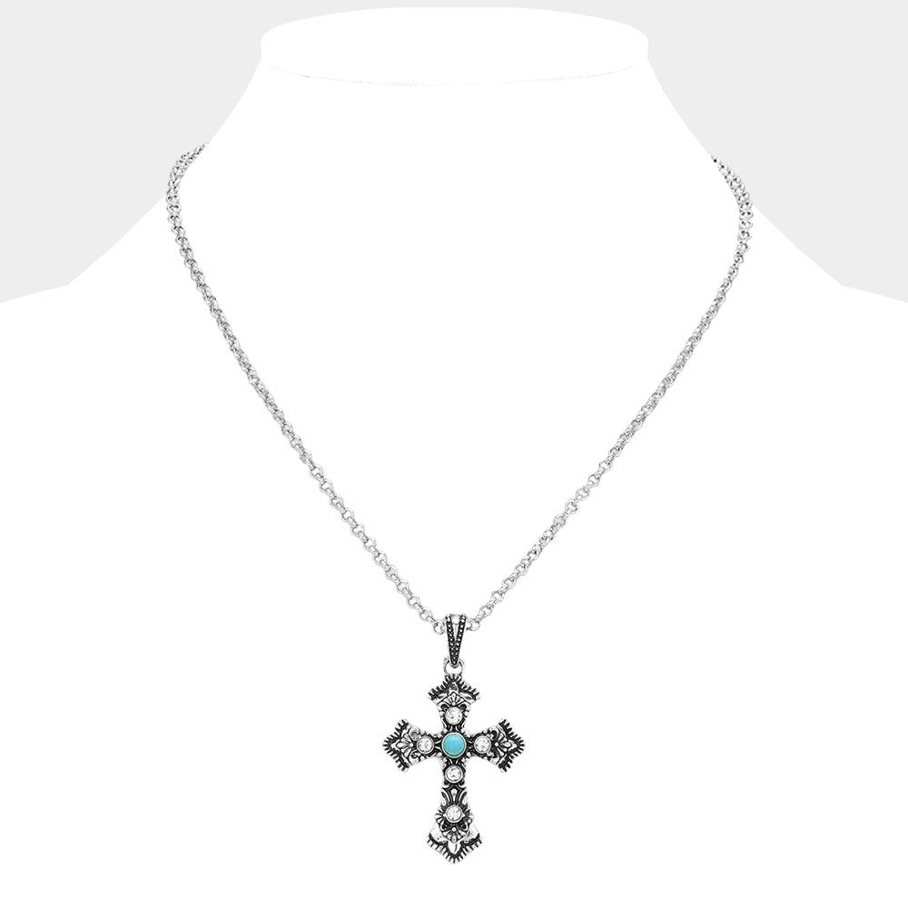 Silver Filigree Cross Pendant Necklace with Turquoise Center and Crystal Accents