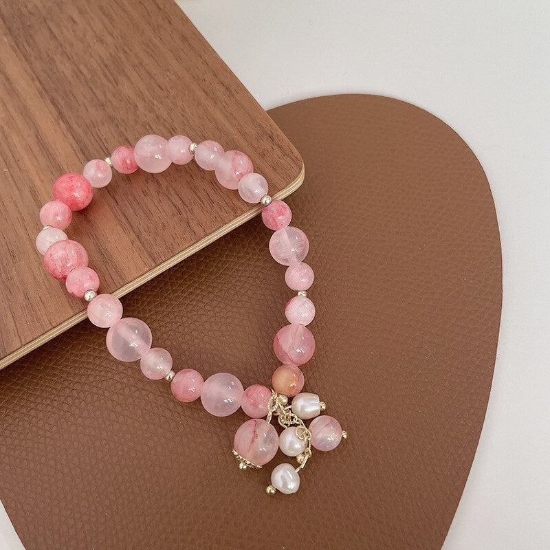 2PCS Handmade Pink Stone Beaded Bracelets with Pearl Charms for Women Gift