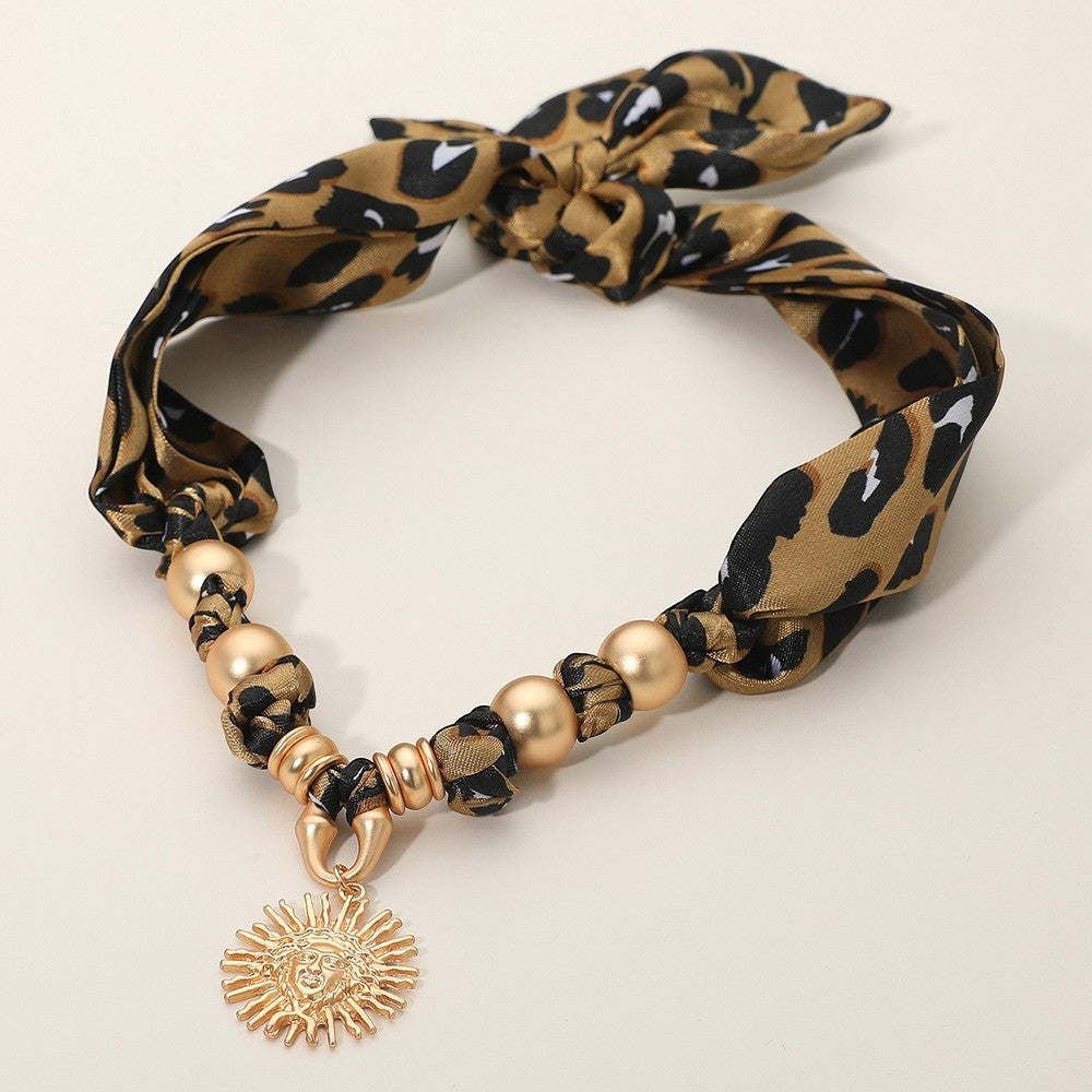 Leopard Print Scarf Headband Gold Sun Charm Beaded Boho Choker Necklace for Lady