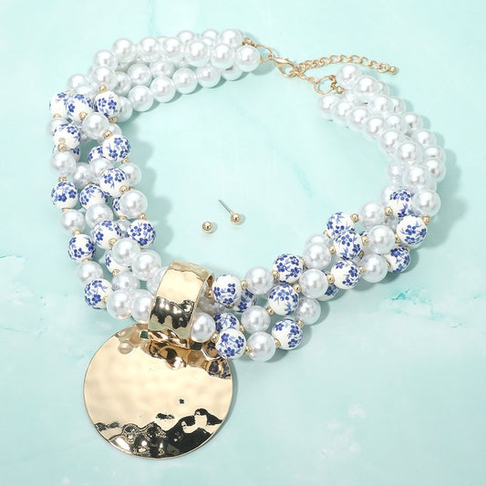 Blue Floral Faux Pearl Statement Necklace & Stud Earring Set - Gold Tone