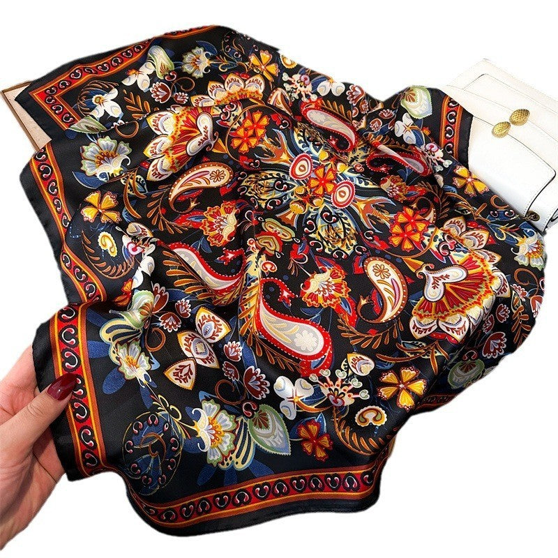 Luxury Black Paisley Floral Silk Feel Scarf Head Wrap 35in Foulard Twilly Set