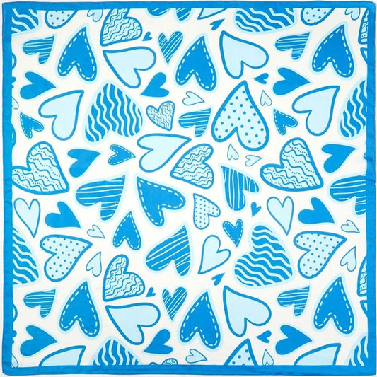 Playful Square Bandana Scarf Polyester Blue and White Heart Pattern Neckerchief
