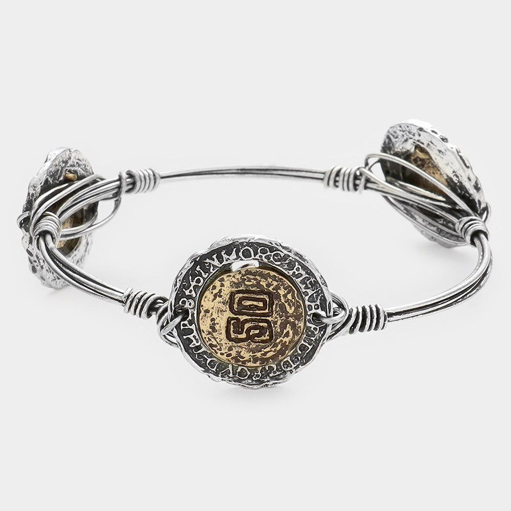 Rustic Bohemian Mixed Metal Coin Wire Wrapped Bangle Bracelet Vintage Look