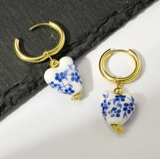 Vintage Blue White Porcelain Teapot Earrings Heart Pearl Dangle Jewelry Gift
