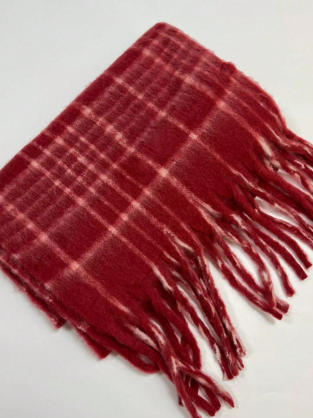 Chunky Plaid Scarf Red White Checkered Oversized Tassel Blanket Wrap Shawl