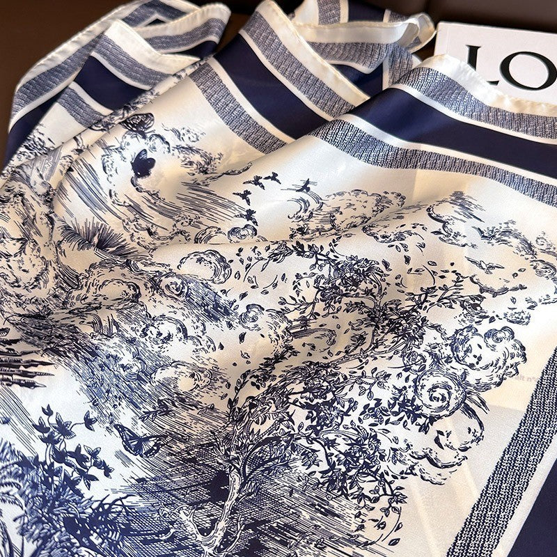 2PC Blue White Toile De Jouy Scarf Set Navy Scenic Print Neckerchief Headband