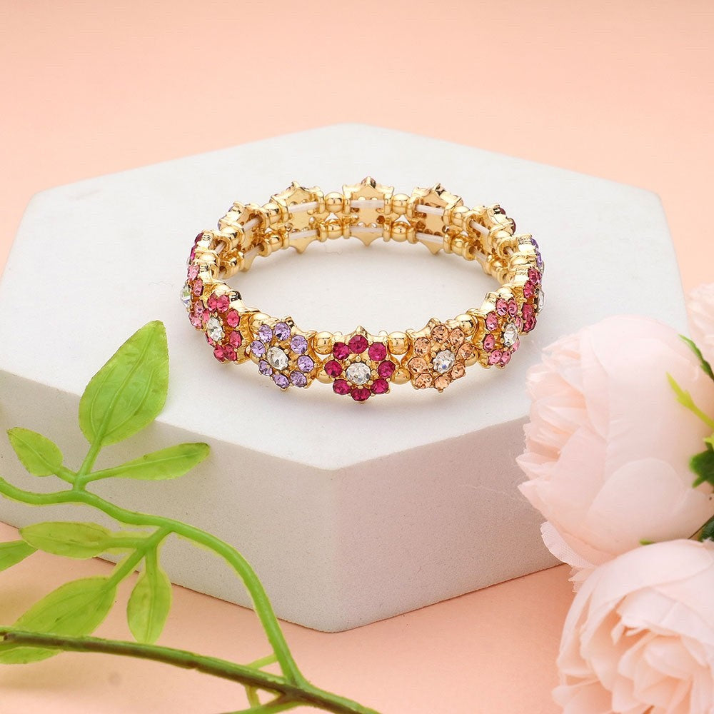 Gold Floral Crystal Stretch Bracelet with Multi-Color Rhinestones, 0.5 Inch