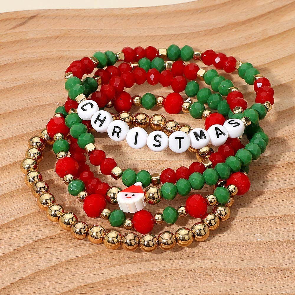 4pc Christmas Beaded Bracelet Set Stretch Red Green Gold Santa Letter Charm
