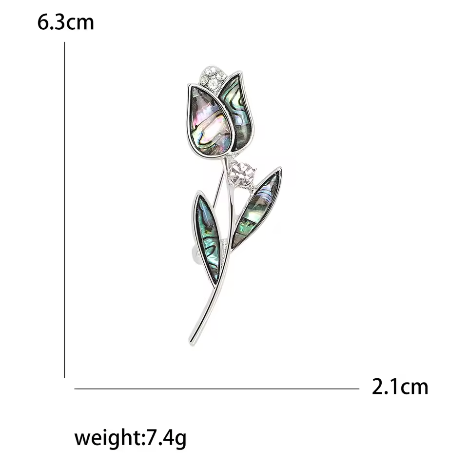 3pcs Abalone Shell Brooch Set Butterfly Clover Tulip Silver Tone Pin