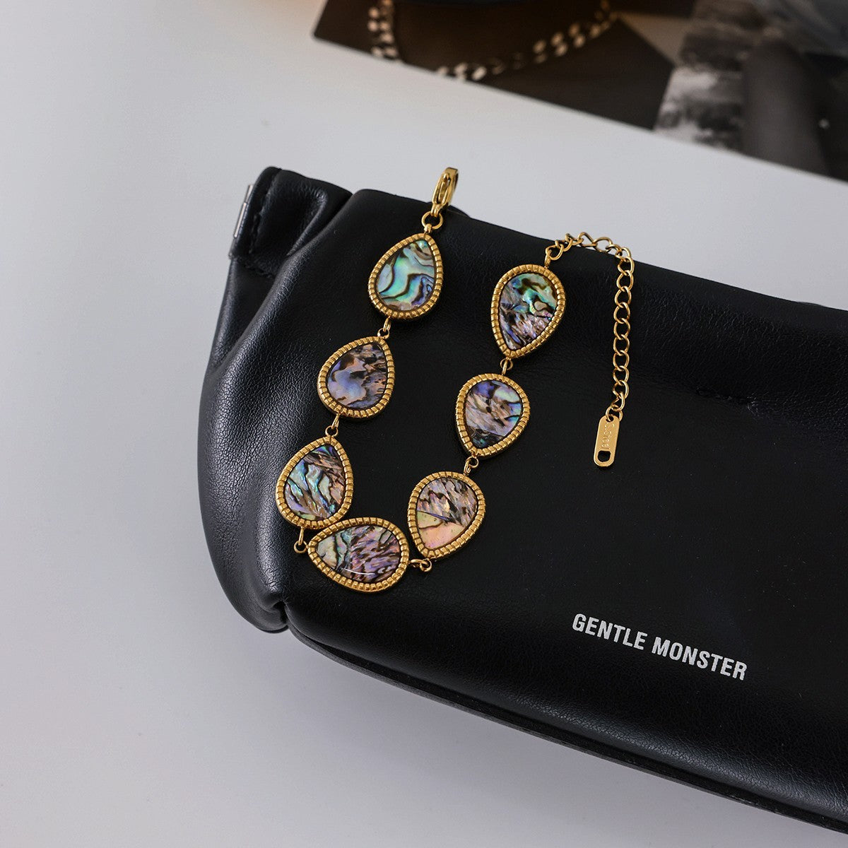Waterproof Gold Stainless Steel Abalone Shell Teardrop Link Bracelet Womens
