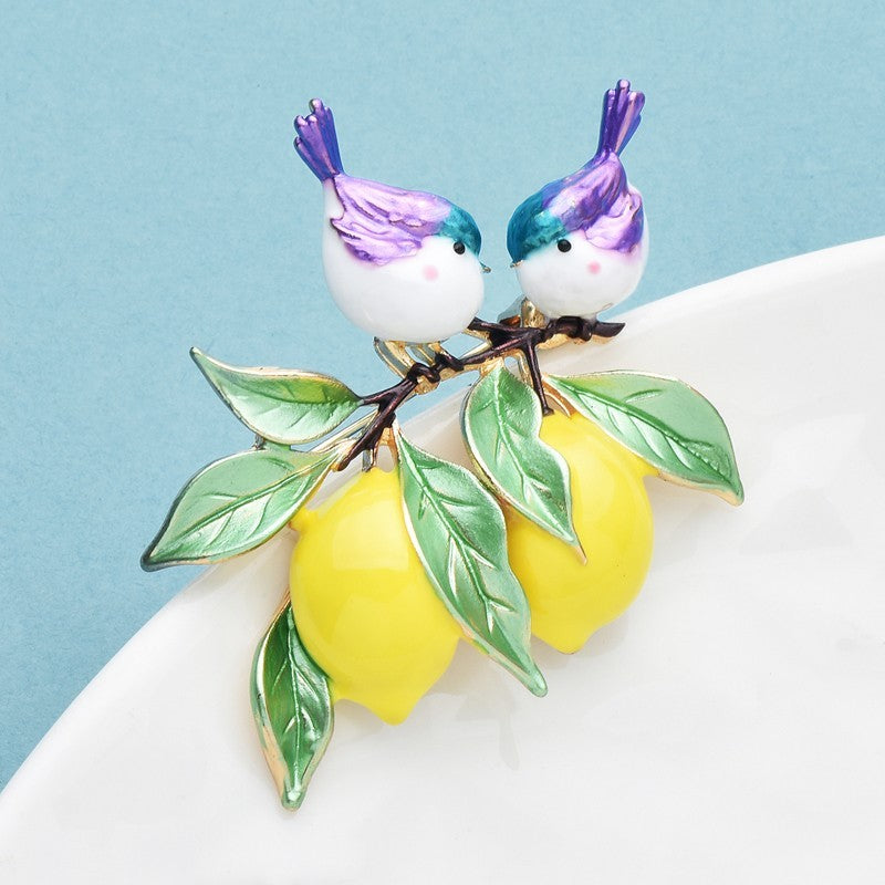 Enamel Bird and Lemon Brooch Pin Green Leaves Yellow Fruit Women's Fashion Gift