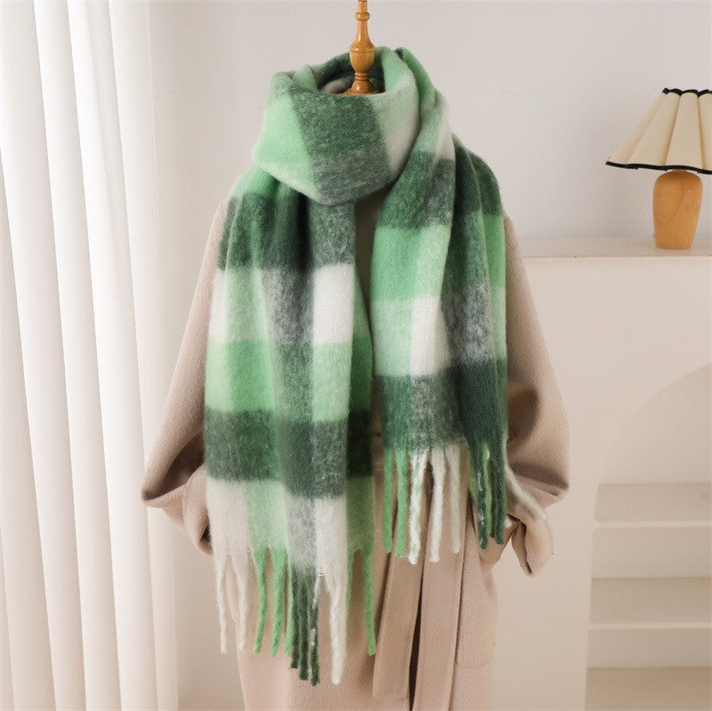 Green Plaid Cashmere Feel Scarf Oversized Winter Shawl Wrap Fringe 94" x 15"