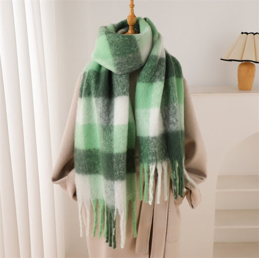 Green Plaid Cashmere Feel Scarf Oversized Winter Shawl Wrap Fringe 94" x 15"