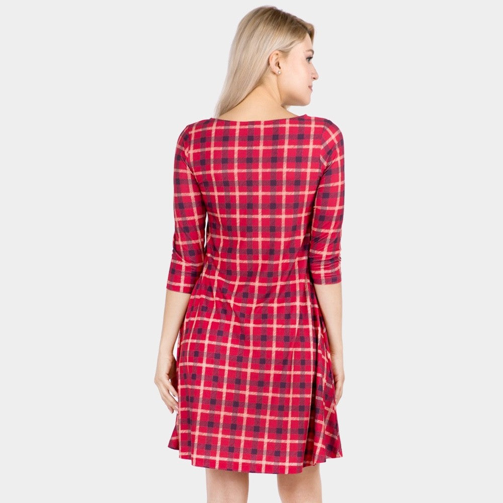 Red and Navy Plaid A-Line Tunic Dress with Pockets and 3/4 Sleeves - Sizes Small