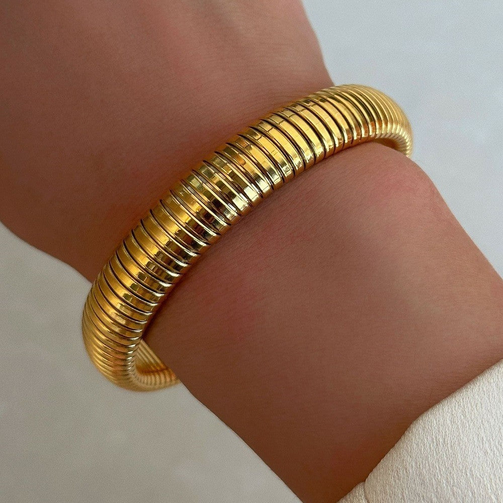 2 PC Tubogas Bracelets Set Gold & Silver Tone Ribbed Flexible Bangle