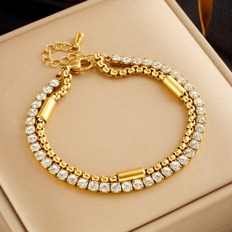 Women's Gold Plated Double Layered Tennis Chain Bracelet Cubic Zirconia Gift