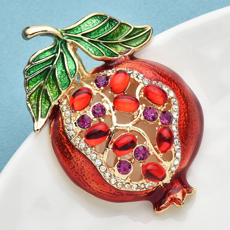 Red Pomegranate Brooch Pin Enamel Rhinestone Fruit Jewelry Gift 2.13 in